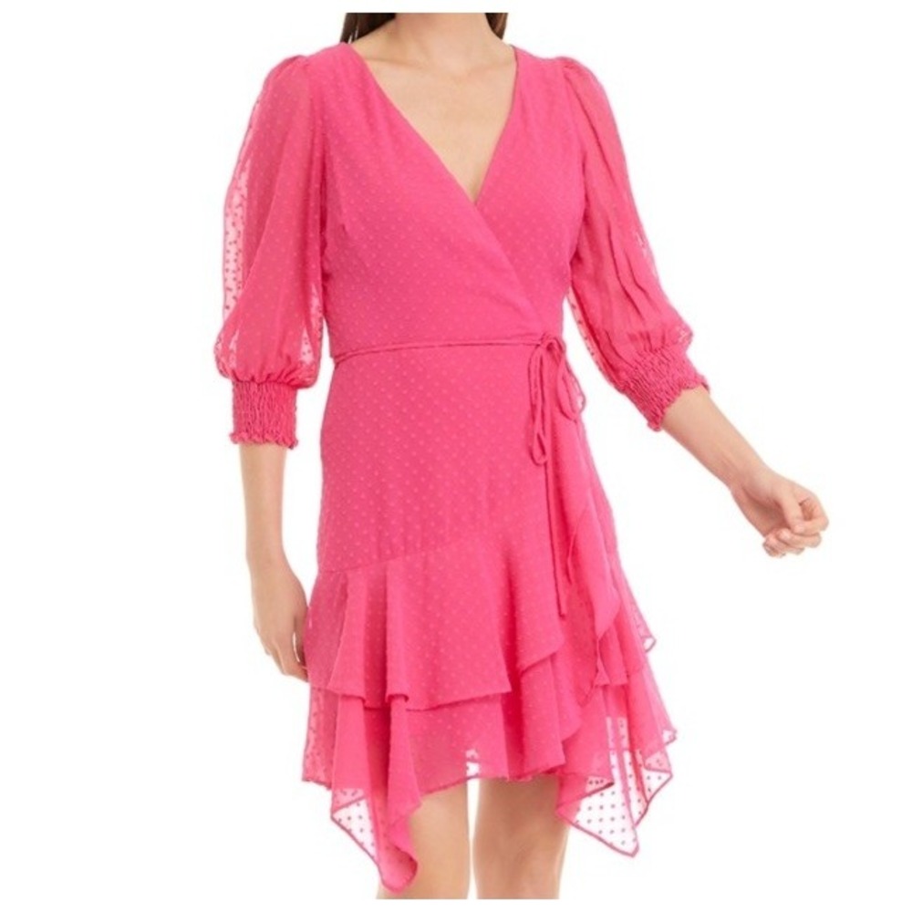 Maison Tara Faux Wrap Dress Size 6 Pink‎ Clip Dot Ruffle Surplice Tiered Flutter